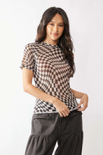 Dani Checker Board Printed Short Sleeve Sheer Top BLACK