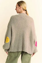 Dani fuzzy smile long sleeve cardigan with grey oversized sweater, smiley face and heart patches