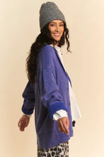 Dani shawl collar ribbed cardigan in blue with white shirt and leopard pants