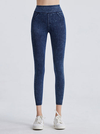 Dark Blue Denim Look Stretch Leggings for Women Dark