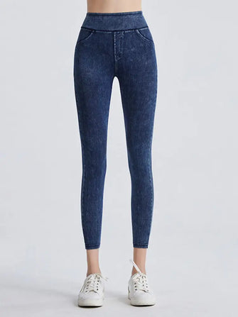 Dark Blue Denim Look Stretch Leggings for Women Dark Woman Leggings