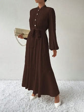 Dark brown long sleeve maxi dress with button tie waist