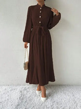 Dark brown long sleeve maxi dress with button tie waist