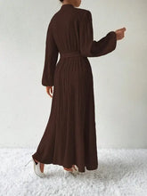Dark brown long sleeve maxi dress with button tie waist
