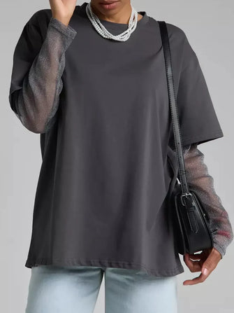 Dark Gray Oversized T-Shirt with Sheer Mesh Sleeves Dark Gray