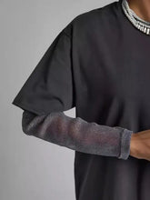 Dark Gray Oversized T-Shirt with Sheer Mesh Sleeves Woman T Shirts