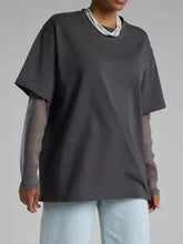 Dark Gray Oversized T-Shirt with Sheer Mesh Sleeves Woman T Shirts