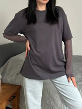 Dark Gray Oversized T-Shirt with Sheer Mesh Sleeves Woman T Shirts