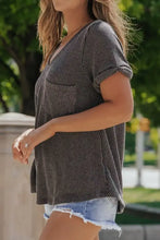 Dark gray ribbed knit V-neck short sleeve top with chest pocket