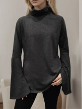 Women’s dark grey mock neck top with long bell sleeves