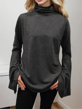 Dark grey long sleeve mock neck top with bell sleeves