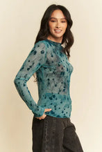 Davi Dani Floral Mesh Long Sleeve Top in Teal Woman T Shirts