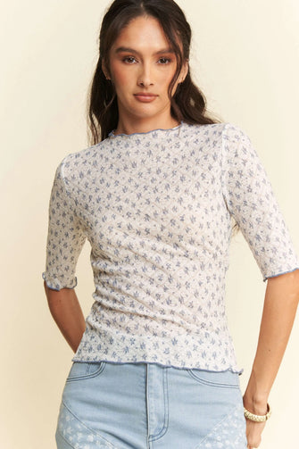 Davi Dani Lace Floral Marrow Edge Fitted Top for Women WHITE BLUE MULTI