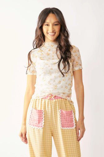 Davi Dani Loose Floral Mesh Top with Mock Neck Turtle Detailing APRICOT
