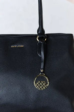 David Jones structured leather handbag in black faux leather tote with gold hardware and woven pattern