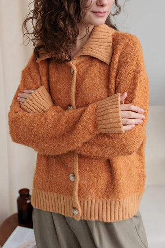 Collared Neck Button Down Long Sleeve Cardigan Tangerine One Size