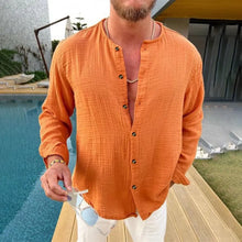Men's Full Size Linen Button-Down Mandarin Collar Shirt Plus Size Orange