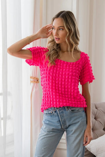 Sew In Love Bubble Textured Round Neck Short Sleeve T-Shirt HOTPINK