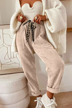Beige corduroy loose fit joggers with leopard drawstring loose fit and rolled cuffs for casual wear