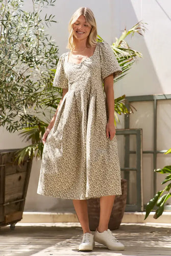 Jade By Jane Full Size Leopard Print Bell Sleeve Midi Dress Plus Size CREAM Woman Casual Dress