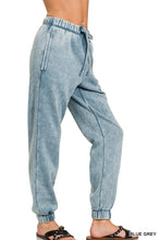 Light blue grey acid wash fleece sweatpants with elastic waistband drawstring side pockets and ribbed cuffs by zenana