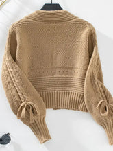 Cable-Knit Tied Open Front Lantern Sleeve Cardigan Woman Outerwear