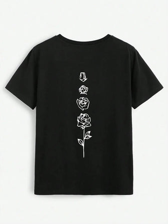 Rose Round Neck Short Sleeve T-Shirt Black