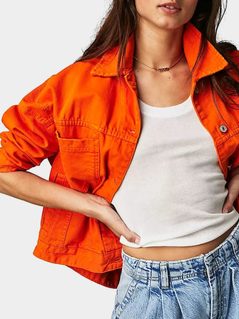 Button Up Long Sleeve Denim Jacket Orange