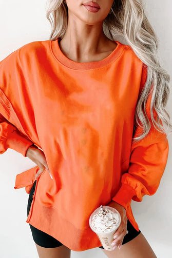 Side Slit Round Neck Long Sleeve Sweatshirt Orange