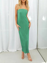 Royal blue strapless maxi dress with high slit, lace-up back, and sheer fabric