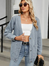 Pocketed V-Neck Button Up Denim Jacket Light Blue Woman Outerwear