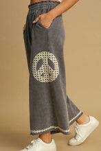 Umgee Full Size Peace Lace Applique Mineral Wash Wide Leg Pants Plus Size