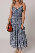Floral Spaghetti Strap Frilled V Neck Tiered Midi Dress Dusty Blue