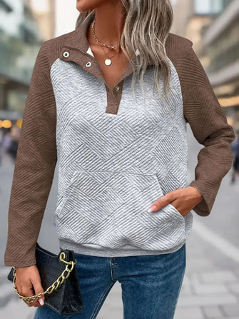 Perfee Contrast Textured Long Sleeve Sweatshirt Coffee Brown Woman Sweatshirts