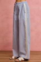 Light blue and white wide check pants with cream lace trim and piping along the side seam by SO ME