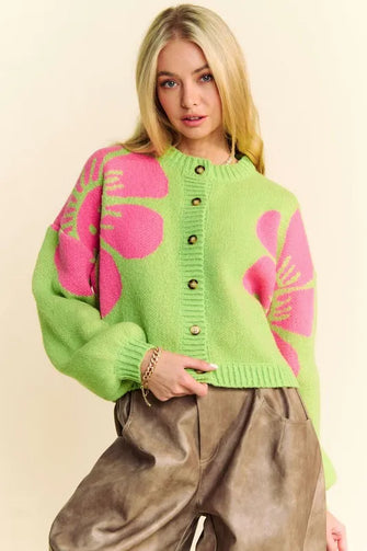 Davi & Dani Flower Contrast Round Neck Long Sleeve Cardigan Lime