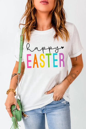 HAPPY EASTER Round Neck Short Sleeve T-Shirt White