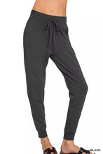 Black Zenana drawstring cotton joggers with soft stretchy fabric ribbed cuffs and pockets for comfortable wear