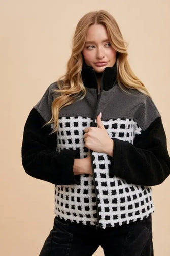 Annie Wear Plaid Zip Up Drop Shoulder Sherpa Jacket Ivory Black Woman Outerwear