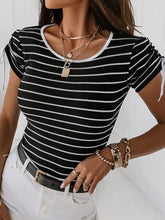Striped Round Neck Drawstring Short Sleeve T-Shirt Black