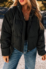 Checkered Turtleneck Zip Up Long Sleeve Winter Coat Black Woman Outerwear