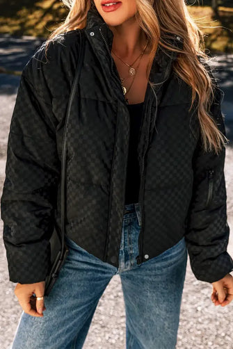 Checkered Turtleneck Zip Up Long Sleeve Winter Coat Black Woman Outerwear