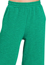 Vibrant green zenana cotton slub wide leg pants with elastic waistband and side pockets in heathered fabric