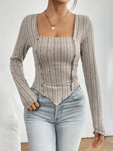 Ribbed Decorative Button Long Sleeve T-Shirt Mocha