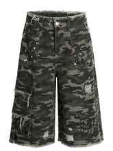 Men's Distressed Camo Print Cargo Denim Shorts Camouflage Color