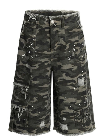 Men's Distressed Camo Print Cargo Denim Shorts Camouflage Color