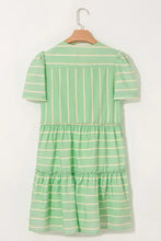 Stripe V Neck Short Sleeve Frilled Detail Dress Woman Casual Dress