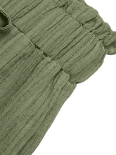 Olive green ribbed cotton wide leg drawstring waist pants with gathered waistband detail