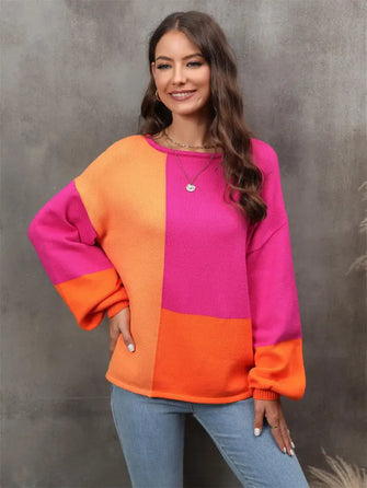 Angel Wings Color Block Round Neck Dropped Shoulder Sweater Multicolor Sweater Pullovers