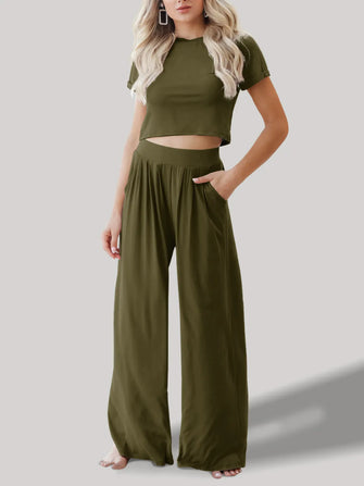 Round Neck Short Sleeve Top and Pants Set Moss